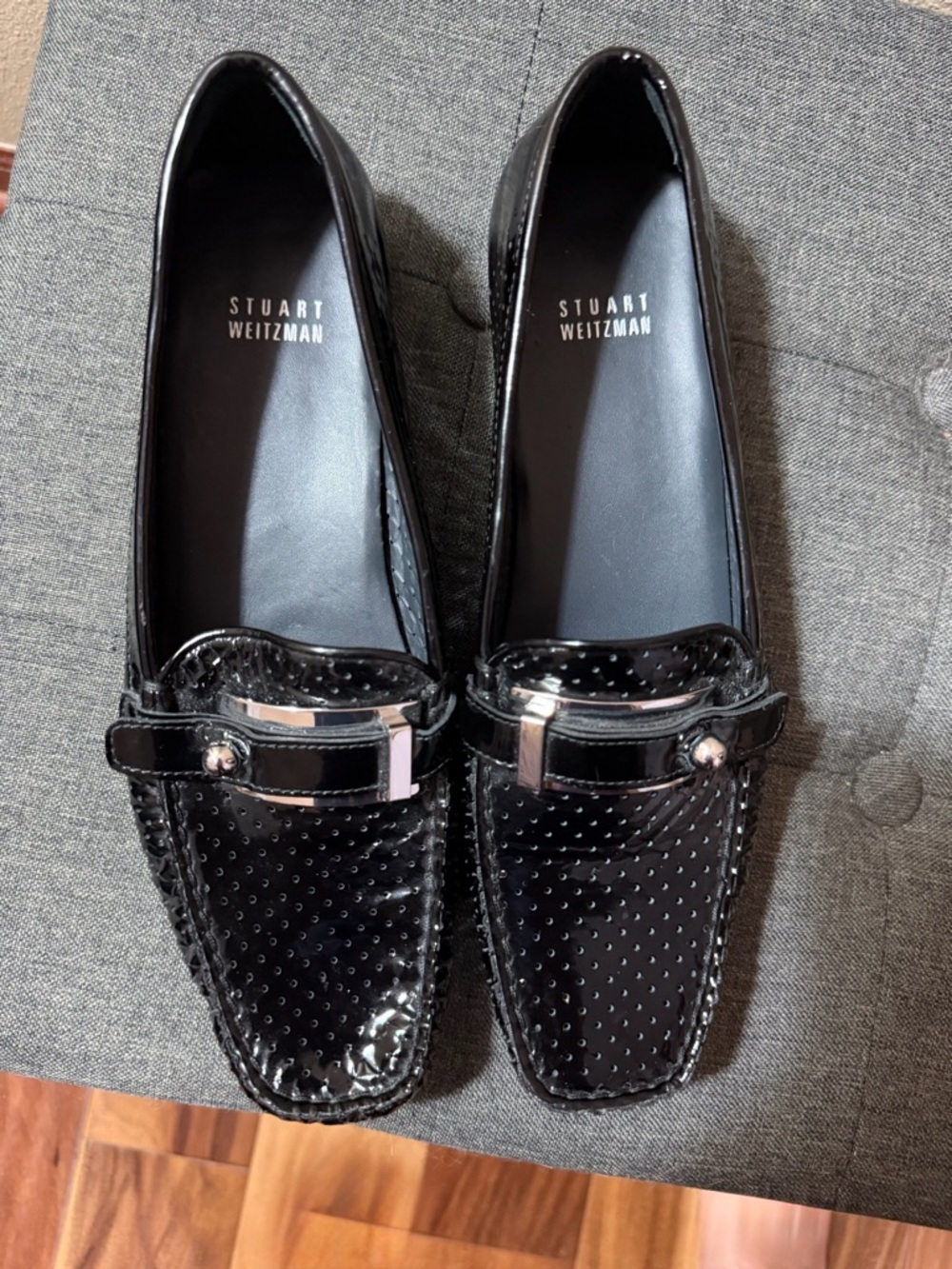 Stuart Weitzman Black Patent Moccasin Loafers with Metal Bit